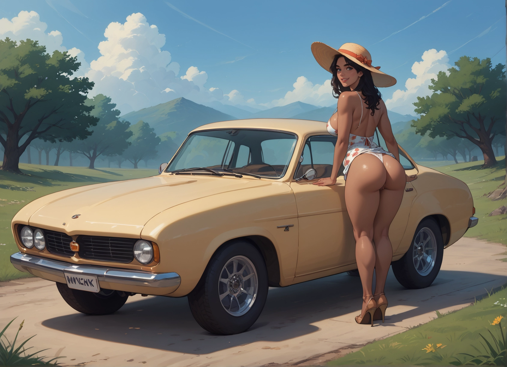1girl, ass, hat, motor vehicle, ground vehicle, breasts · Yamete.gg