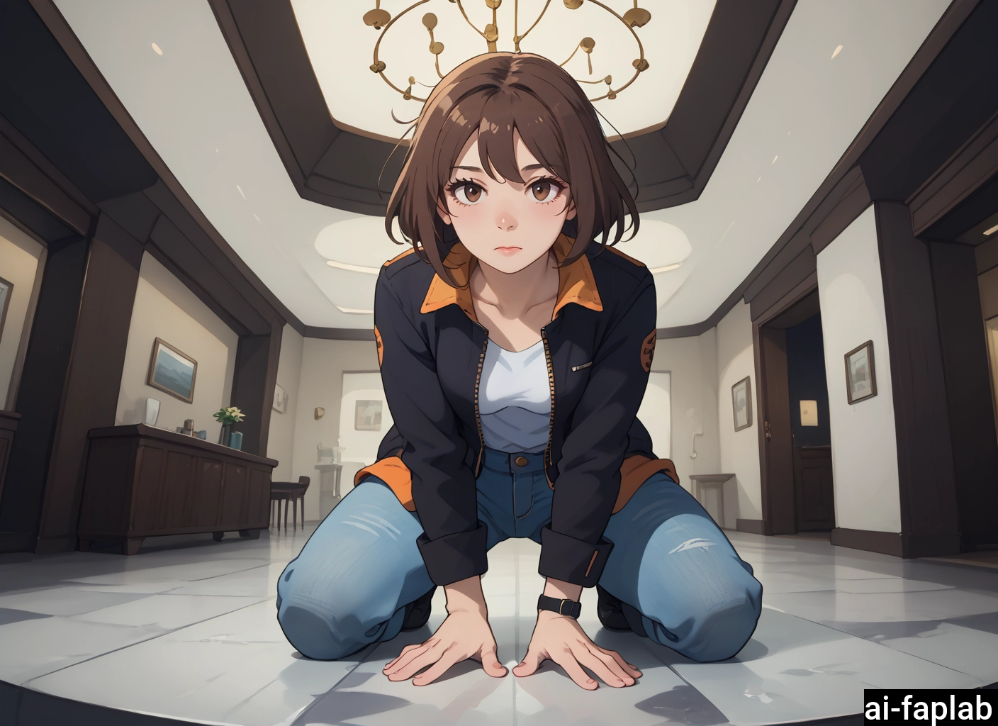 1girl, brown hair, solo, brown eyes, jacket, pants · Yamete.gg
