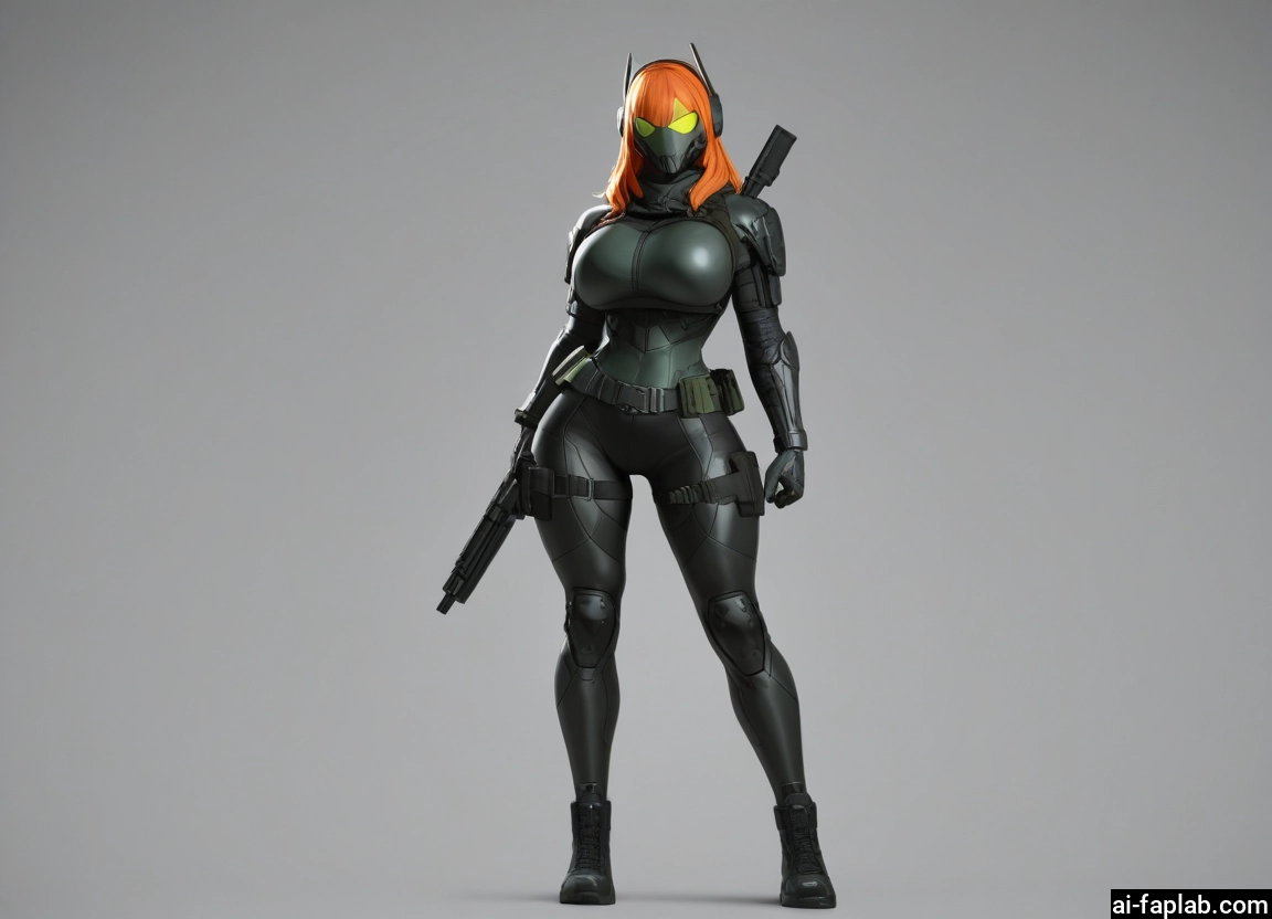 1girl, weapon, gun, breasts, solo, orange hair