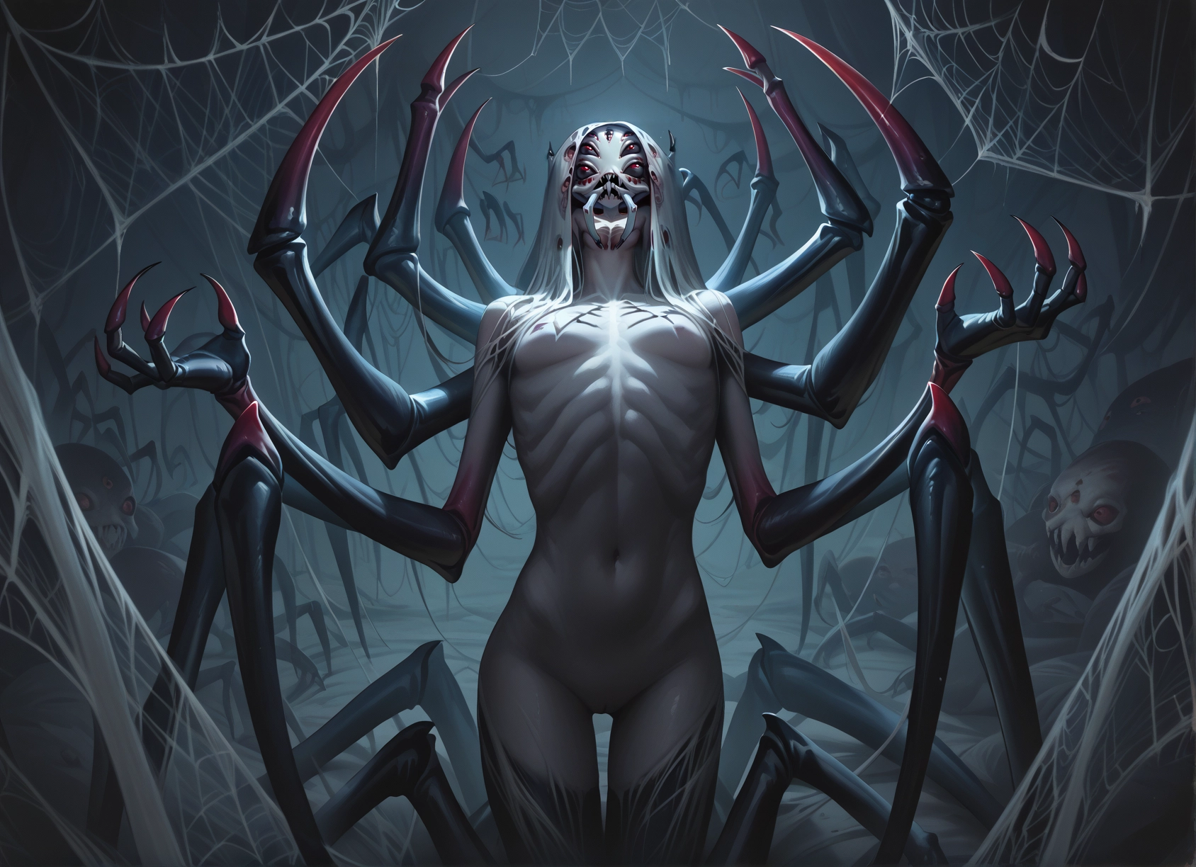 1girl, silk, spider web, arthropod girl, spider girl, long hair · Yamete.gg