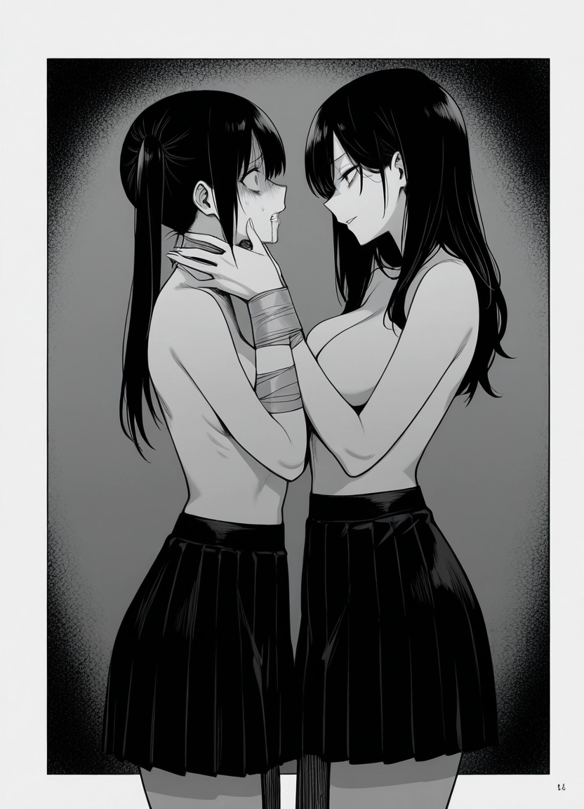 multiple girls, 2girls, monochrome, greyscale, topless, breasts · Yamete.gg