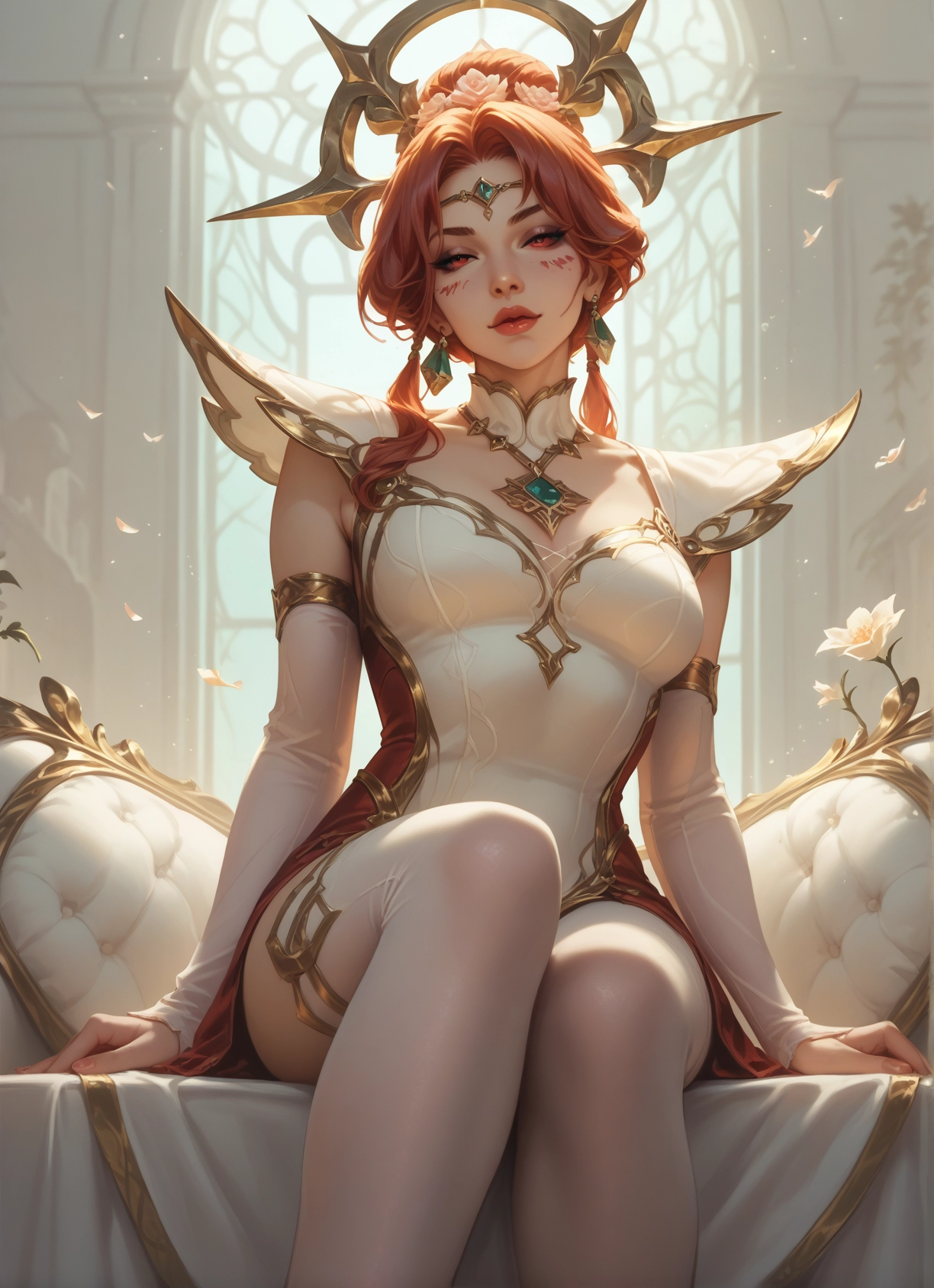 1girl, solo, thighhighs, sitting, jewelry, flower · Yamete.gg