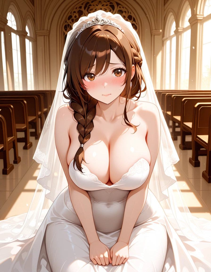 1girl, breasts, dress, braid, veil, wedding dress · Yamete.gg