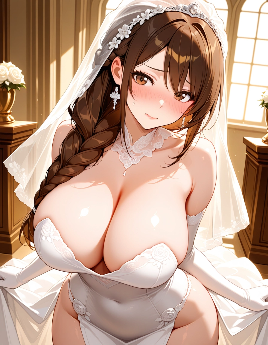 1girl, breasts, solo, dress, brown hair, gloves · Yamete.gg