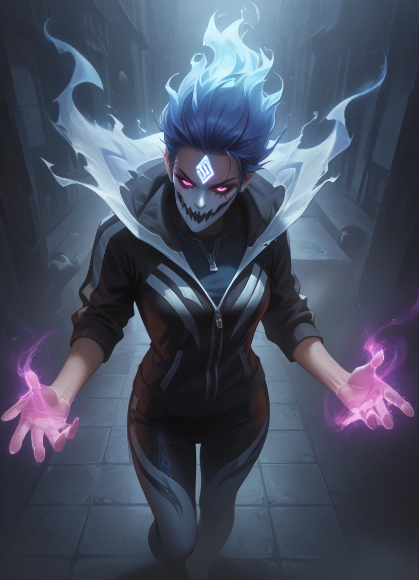 glowing, solo, blue hair, glowing eyes, 1girl, jacket · Yamete.gg