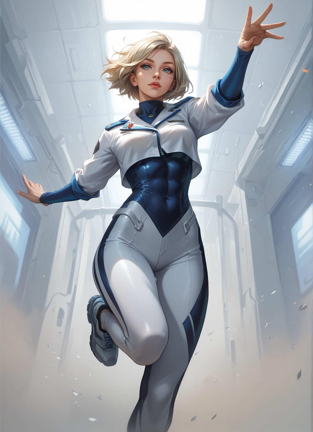 1girl, solo, blue eyes, short hair, shoes, bodysuit · Yamete.gg