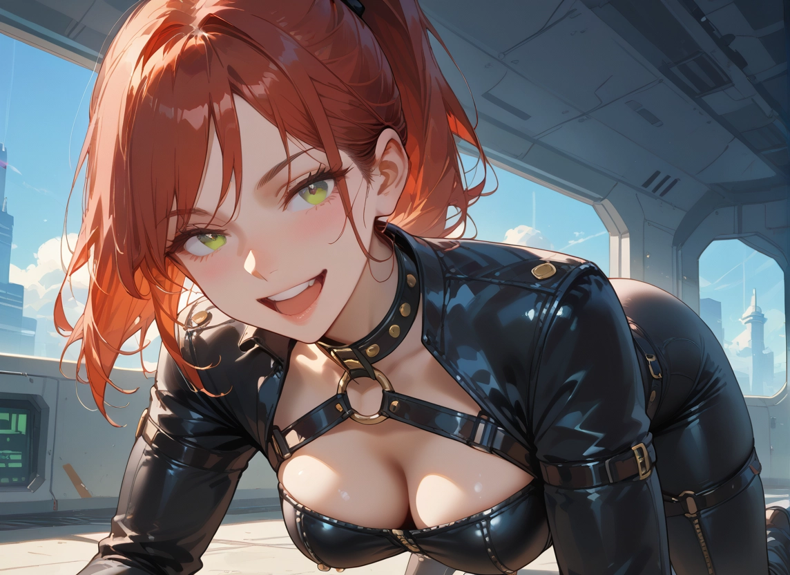1girl, breasts, solo, open mouth, green eyes, cleavage · Yamete.gg