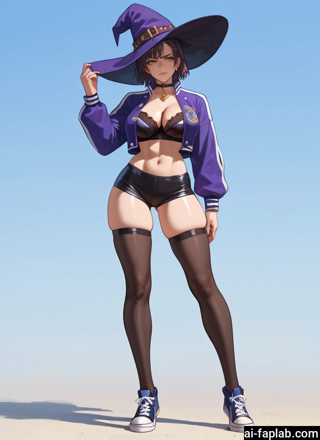 1girl, hat, breasts, thighhighs, witch hat, navel