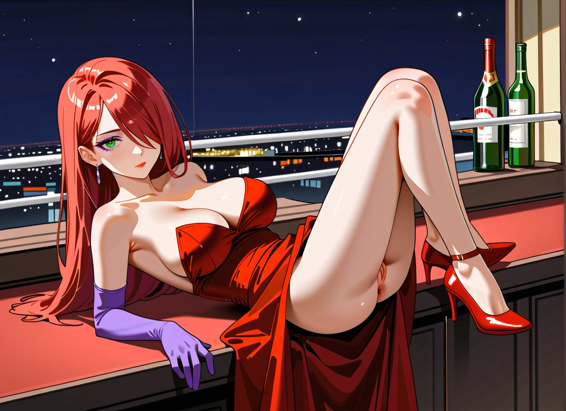 1girl, breasts, gloves, pussy, dress, green eyes · Yamete.gg