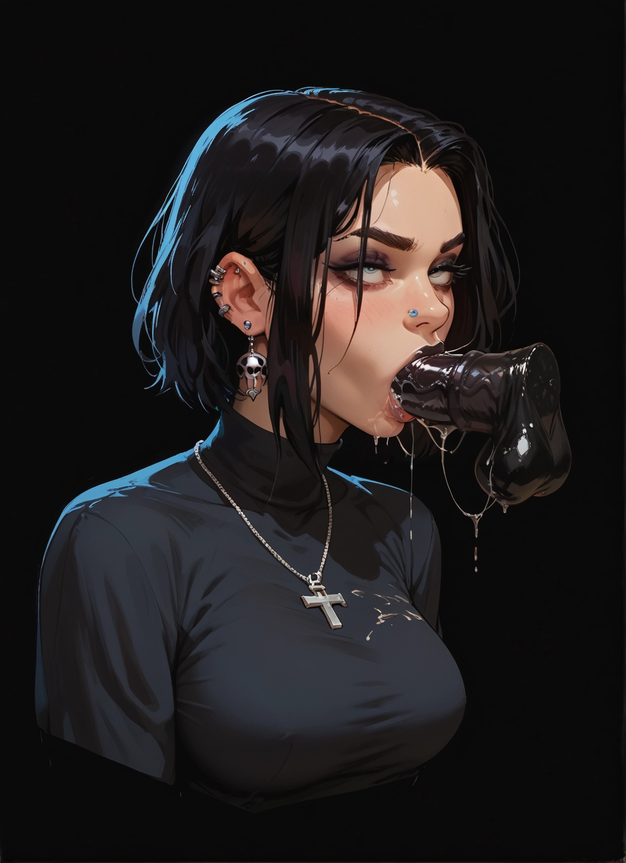 1girl, penis, jewelry, hetero, oral, black hair · Yamete.gg