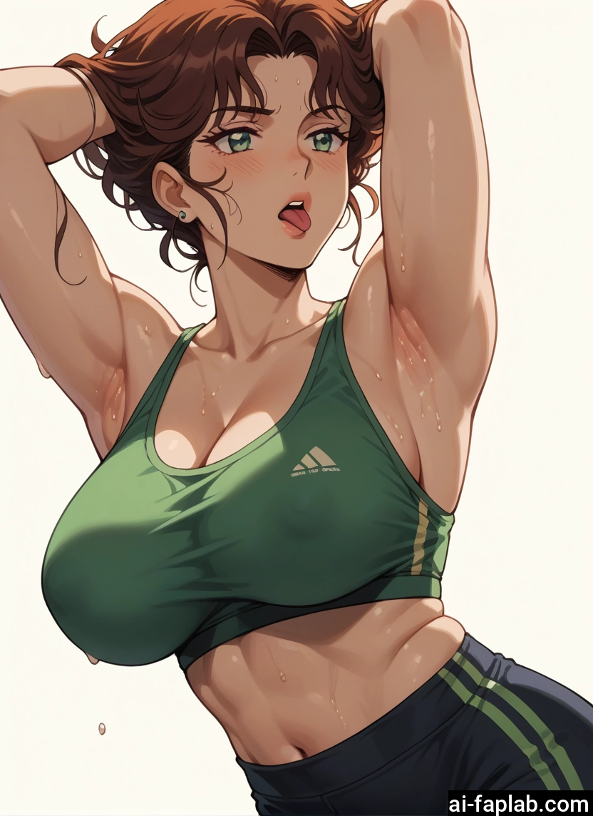 1girl, breasts, armpits, large breasts, green eyes, sweat