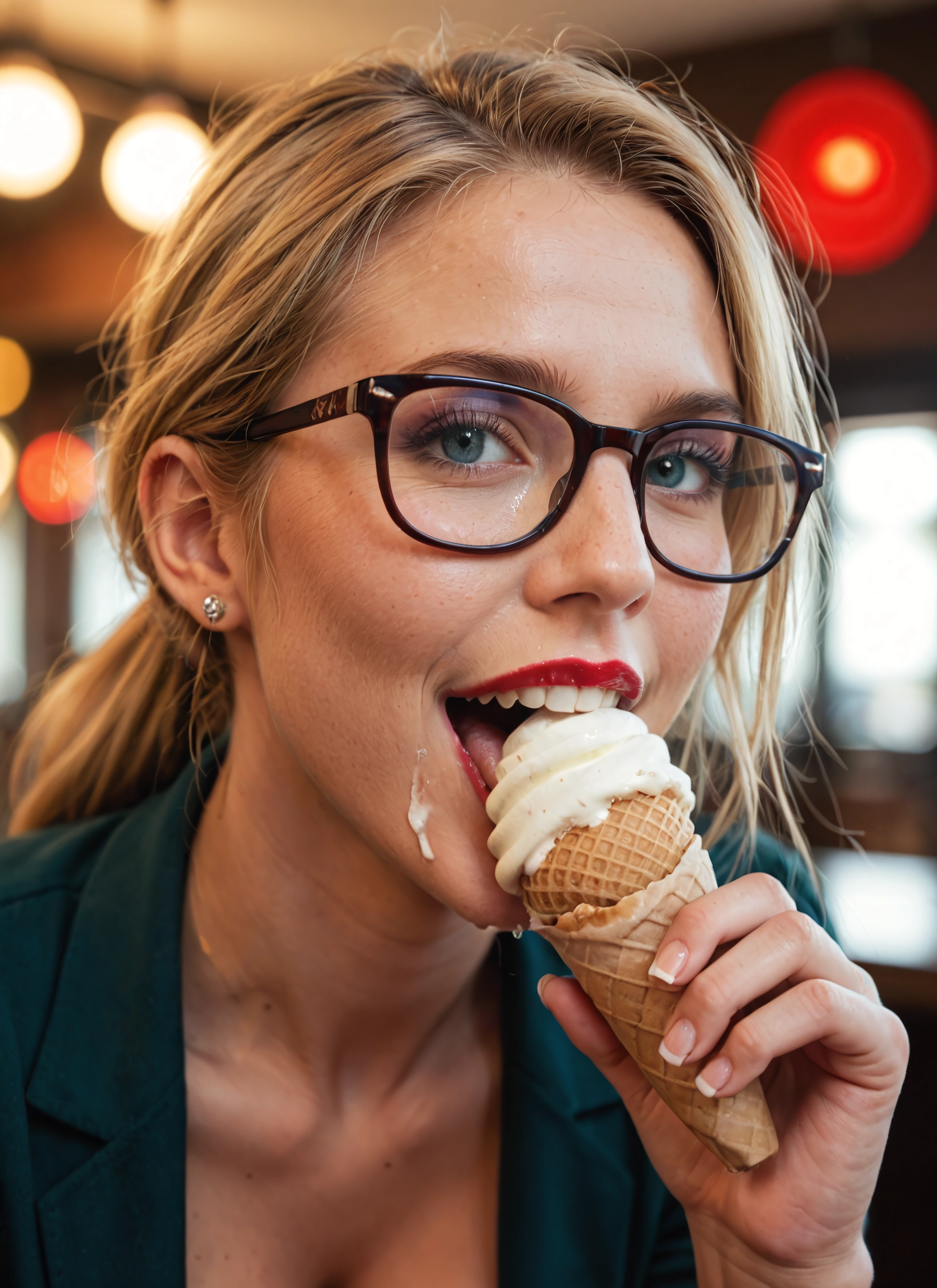1girl, food, glasses, solo, ice cream, blonde hair · Yamete.gg
