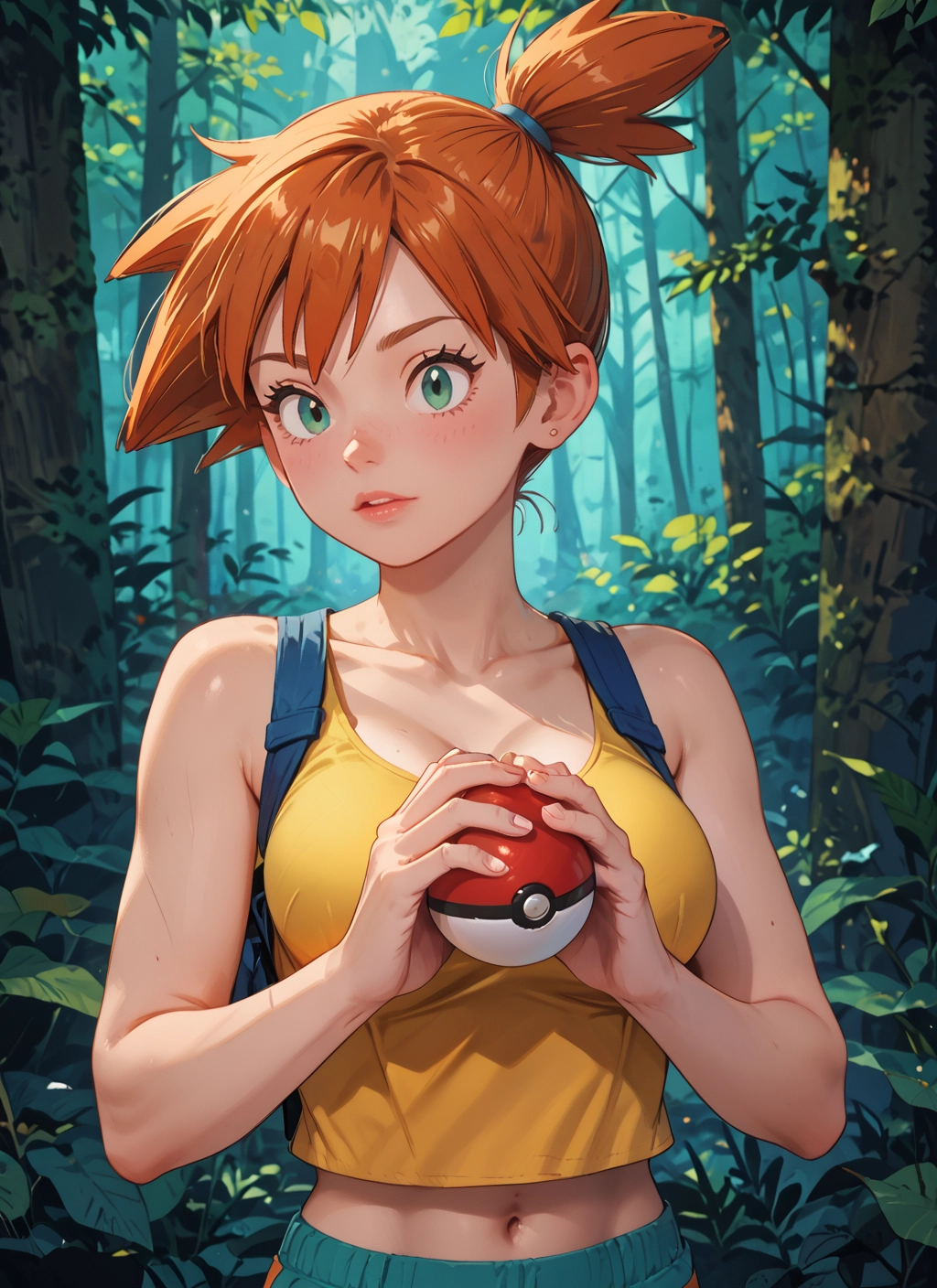 1girl, solo, navel, orange hair, holding, breasts · Yamete.gg