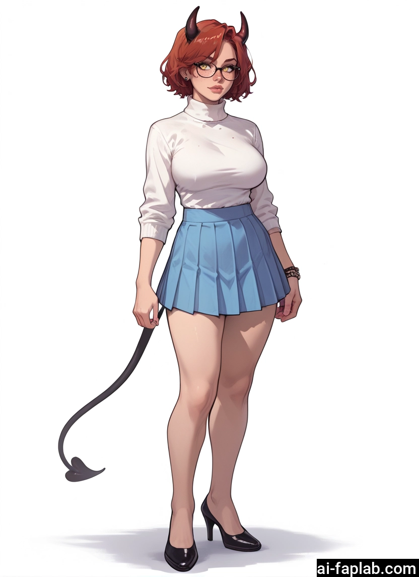 1girl, skirt, tail, horns, glasses, solo · Yamete.gg