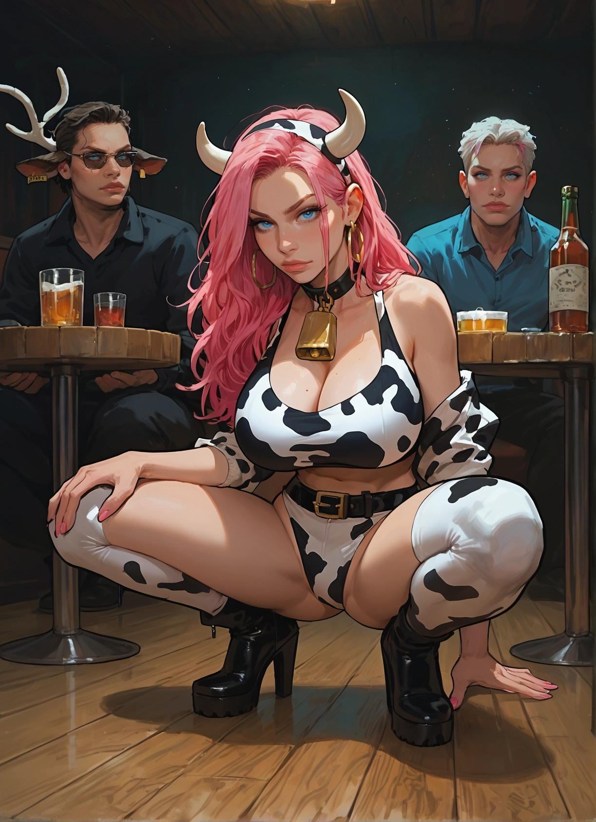 1girl, breasts, cow print, animal print, pink hair, animal ears · Yamete.gg