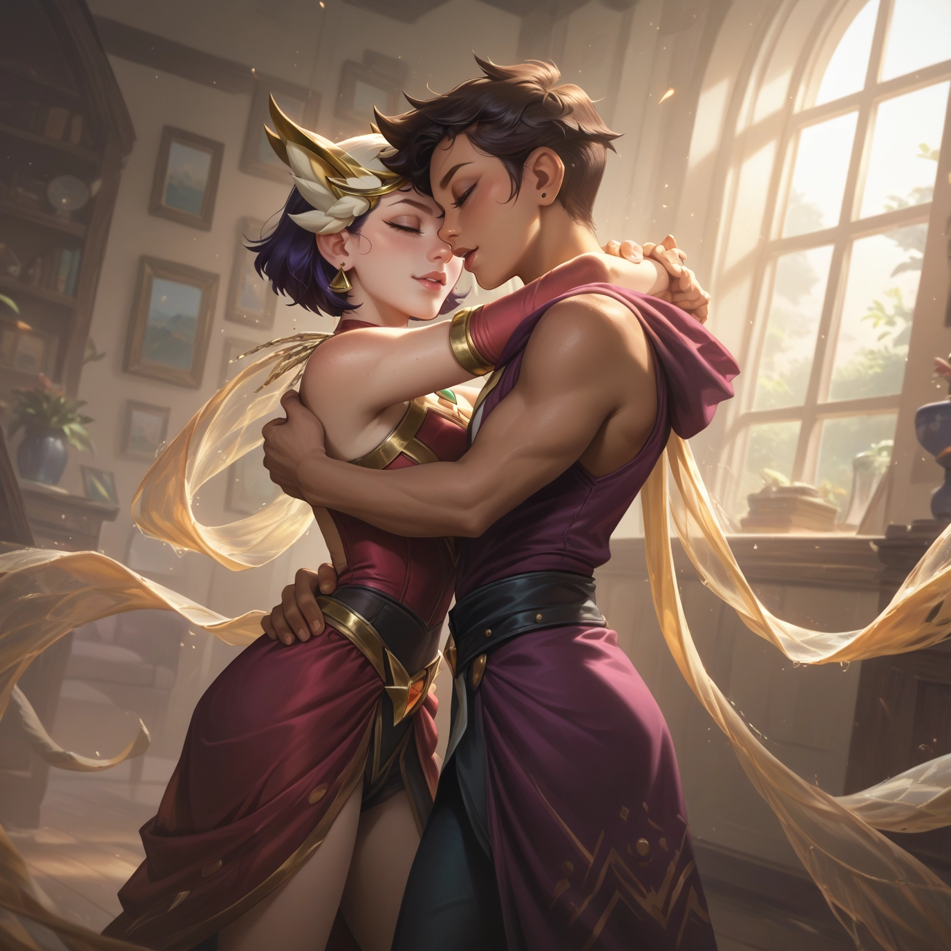 1girl, jewelry, closed eyes, dress, 1boy, short hair · Yamete.gg