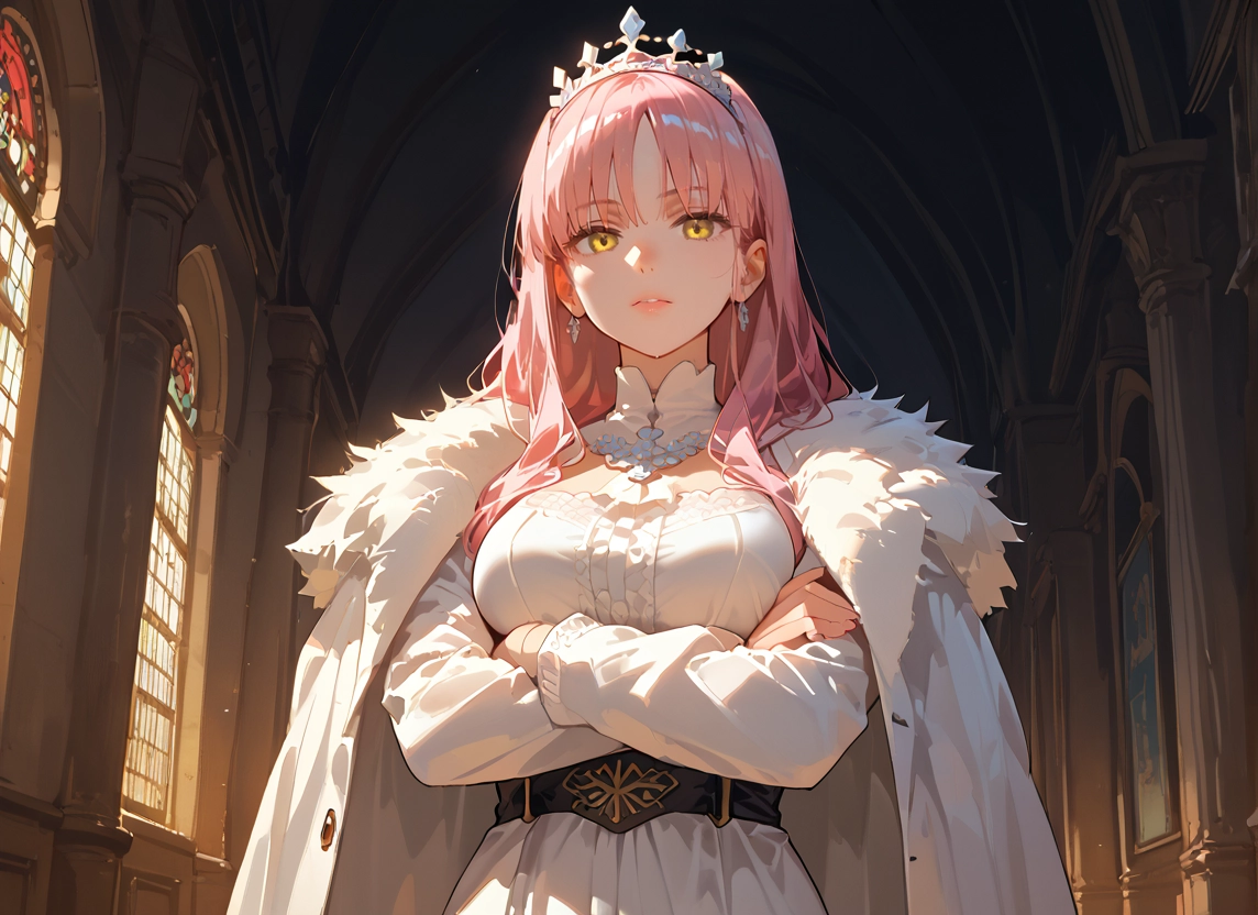 1girl, pink hair, solo, yellow eyes, jewelry, long hair · Yamete.gg