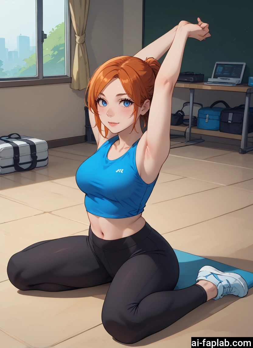 1girl, blue eyes, armpits, breasts, navel, solo · Yamete.gg