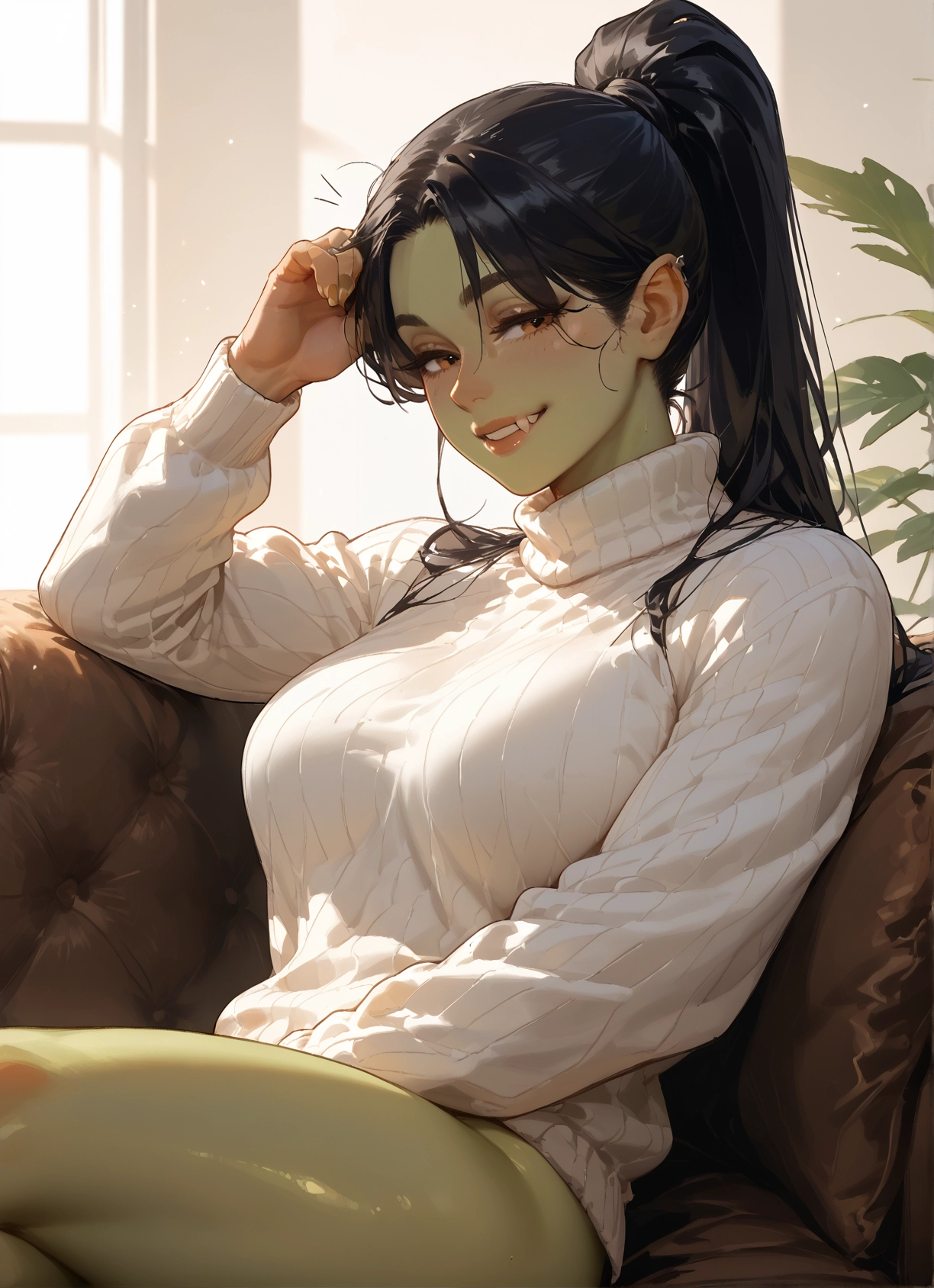 1girl, sweater, colored skin, black hair, green skin, solo · Yamete.gg