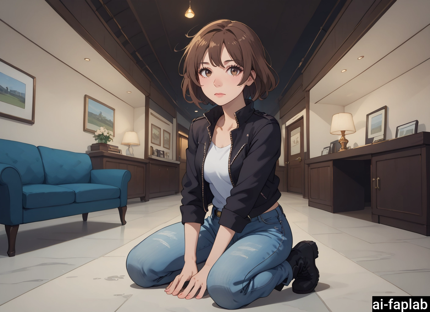 1girl, brown hair, solo, jacket, indoors, pants · Yamete.gg