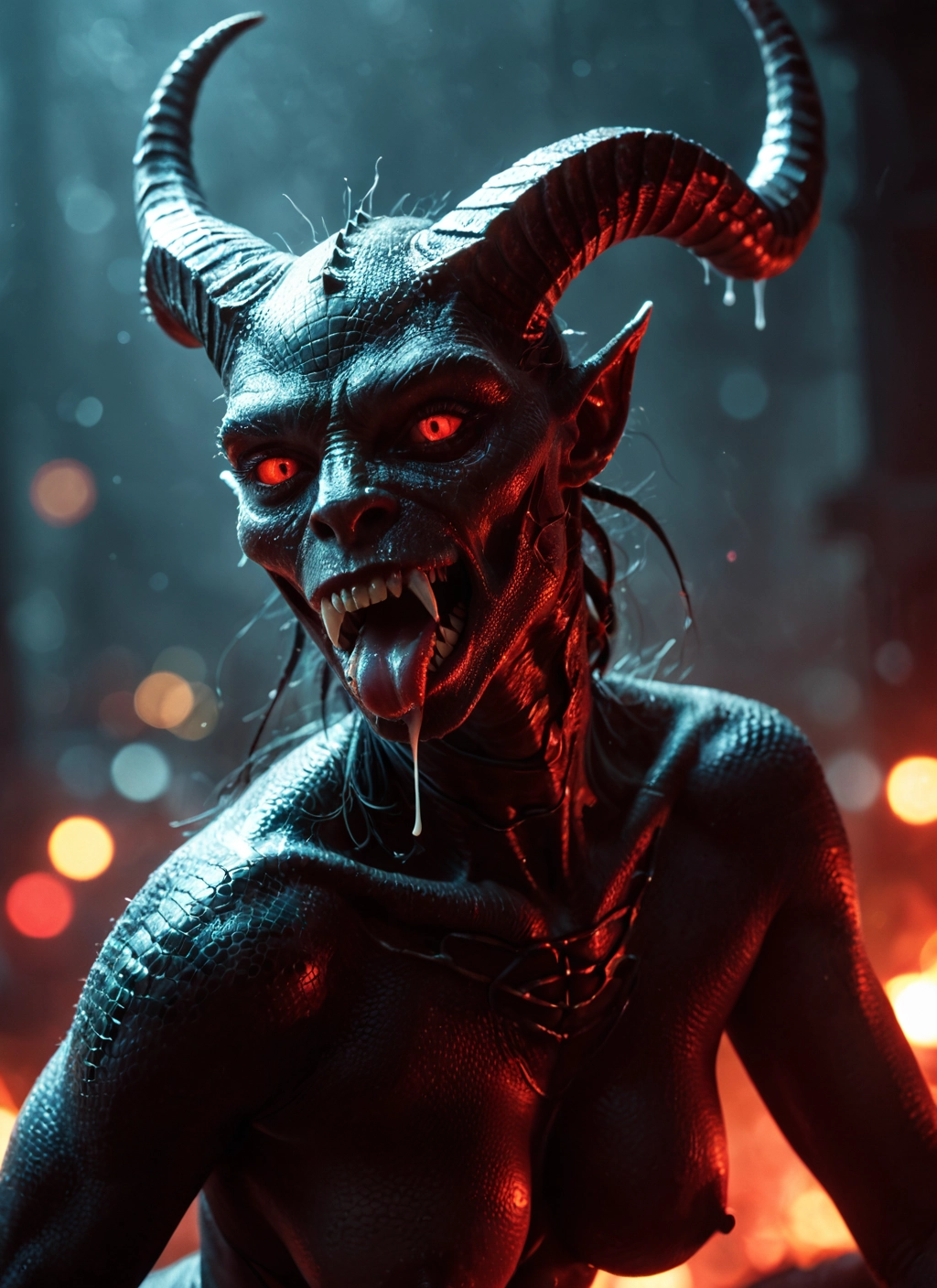 1girl, horns, breasts, solo, tongue, red eyes · Yamete.gg