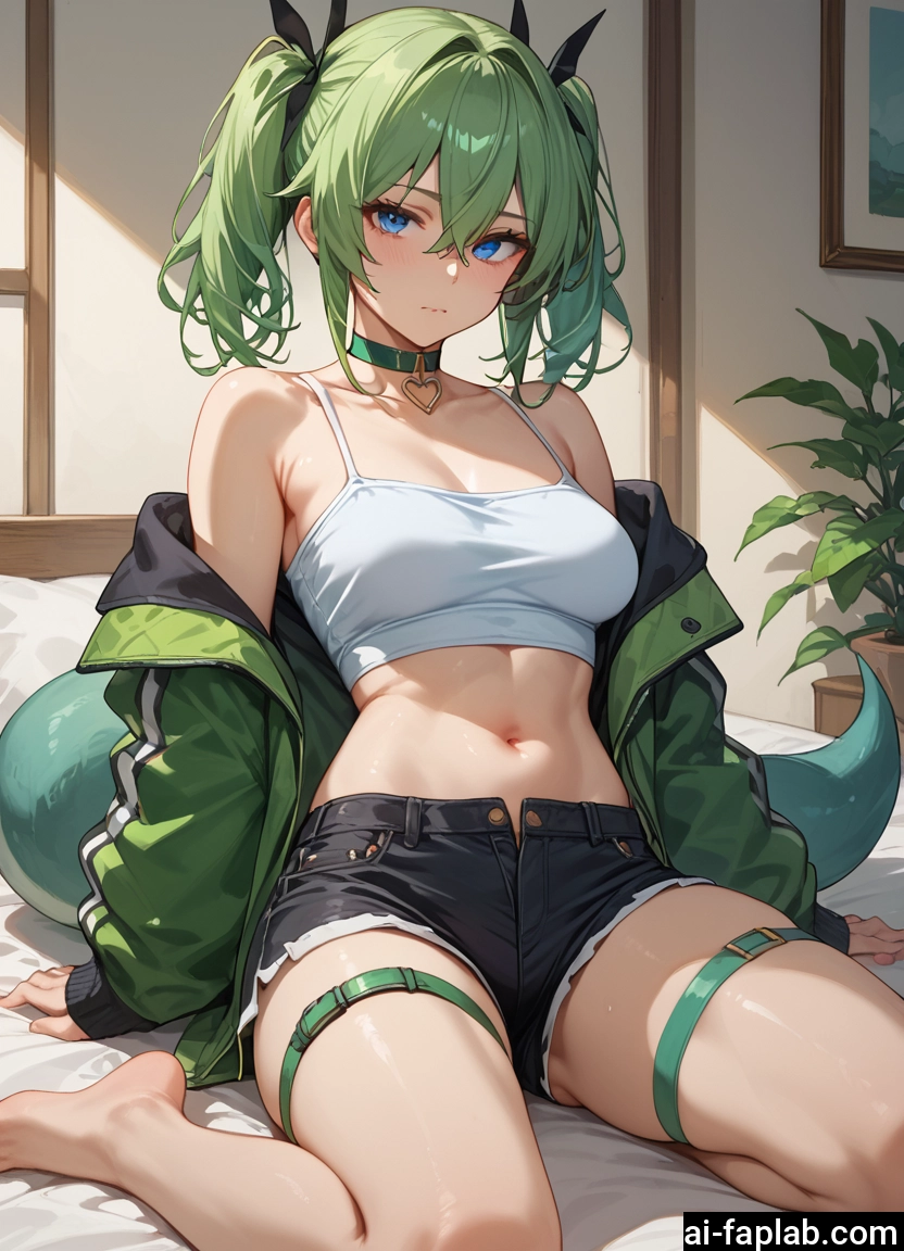 1girl, shorts, solo, breasts, navel, blue eyes