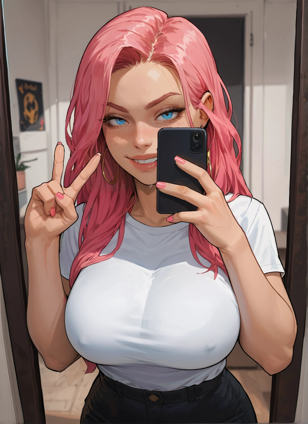 1girl, breasts, phone, pink hair, jewelry, blue eyes · Yamete.gg