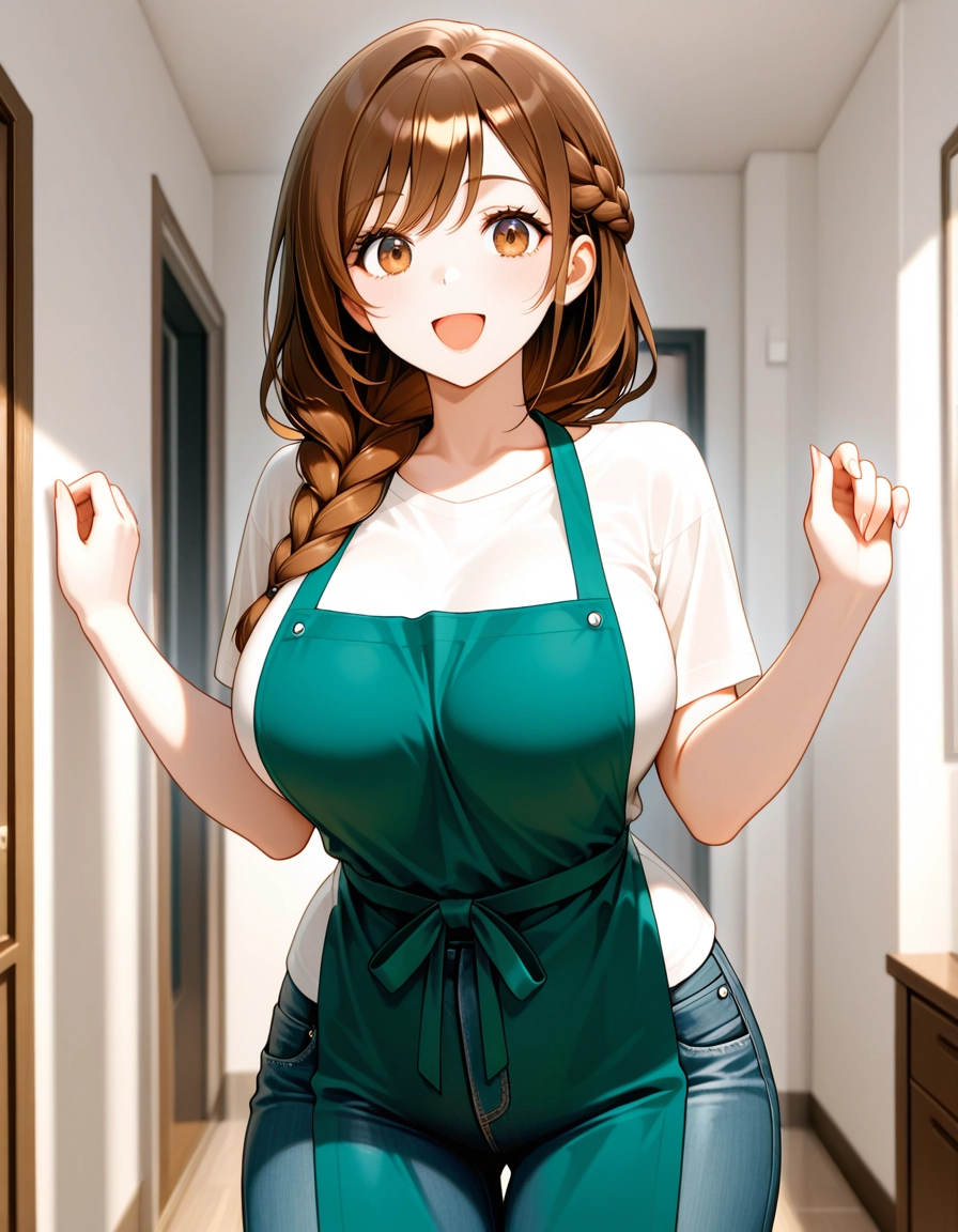 1girl, braid, solo, brown hair, denim, breasts · Yamete.gg