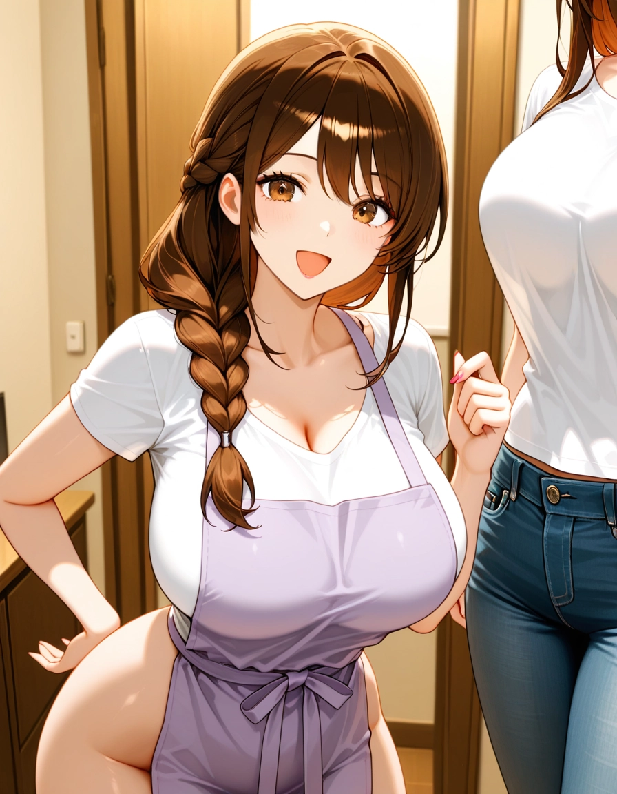 breasts, braid, 1girl, smile, brown hair, denim · Yamete.gg