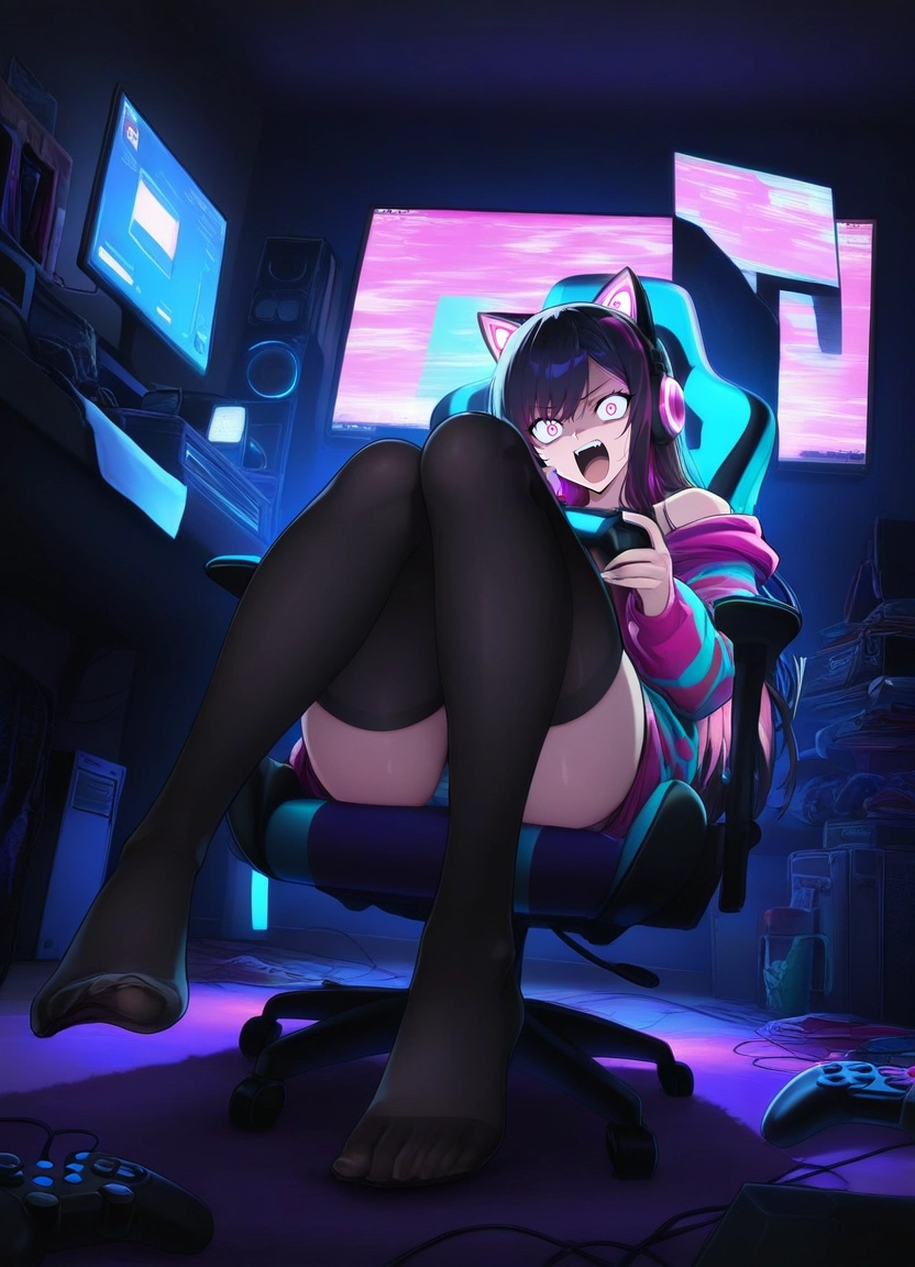 1girl, animal ears, monitor, thighhighs, animal ear headphones, long hair
