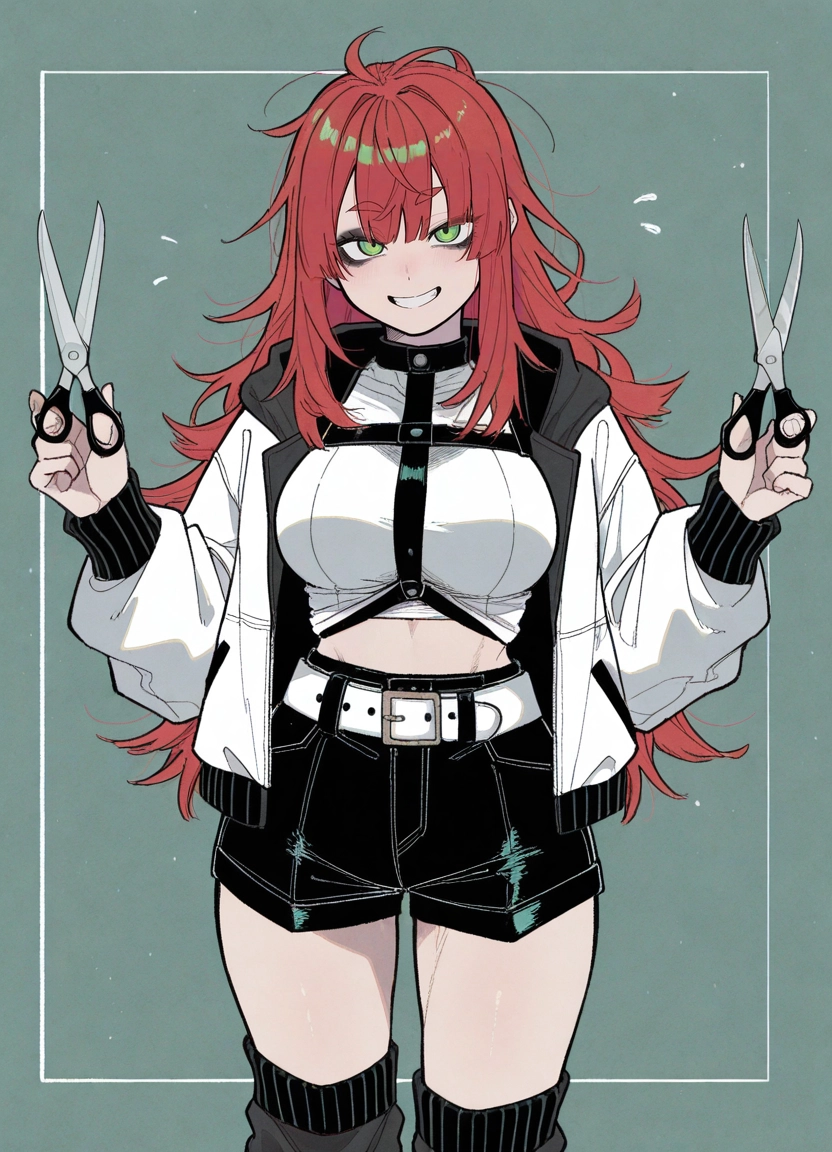 1girl, scissors, solo, green eyes, smile, jacket · Yamete.gg