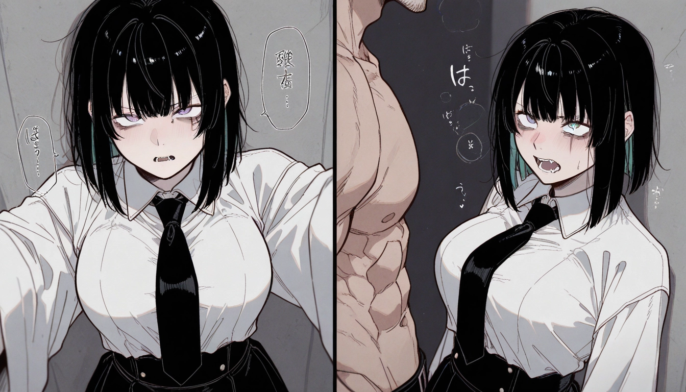 1girl, black hair, 1boy, necktie, breasts, open mouth