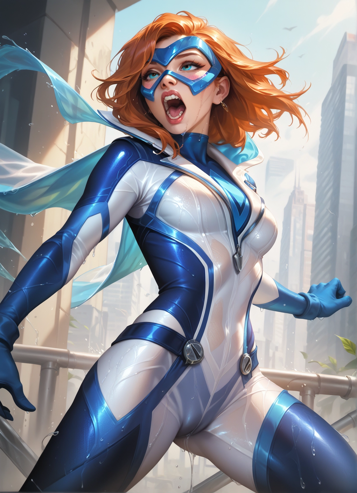 1girl, bodysuit, solo, open mouth, wet, mask · Yamete.gg