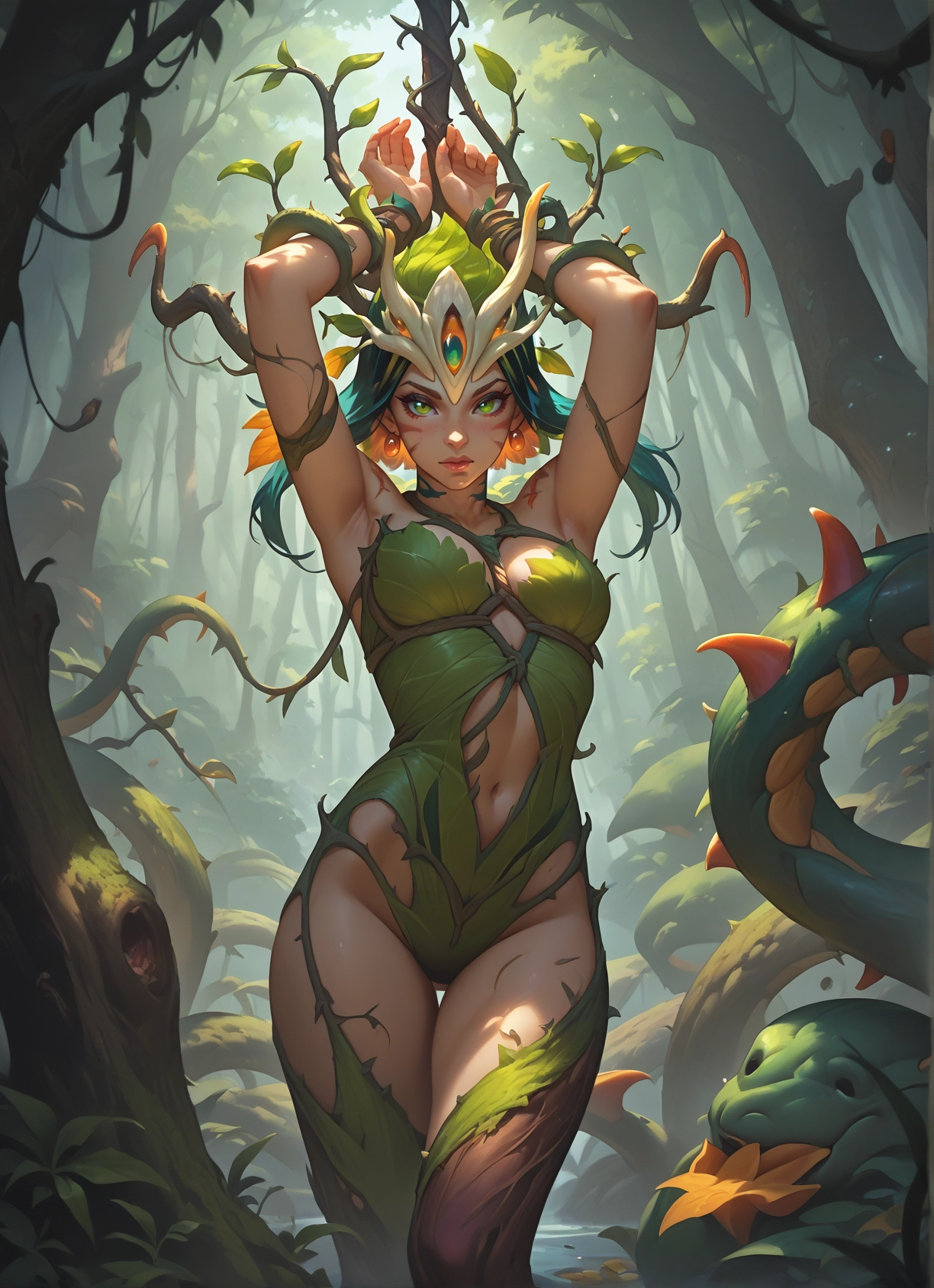 1girl, nature, breasts, vines, plant, arms up · Yamete.gg