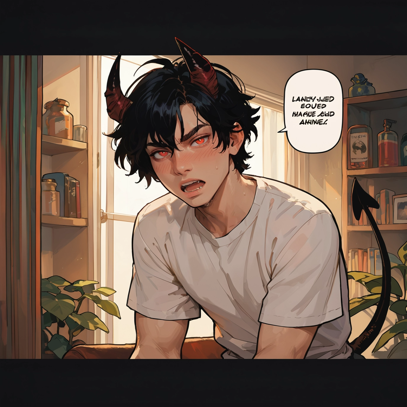 1boy, male focus, horns, tail, demon tail, shirt