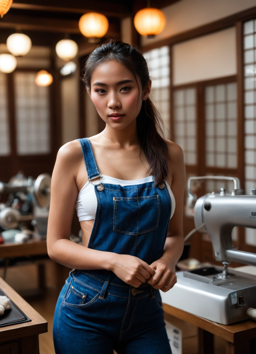 1girl, realistic, denim, solo, overalls, long hair · Yamete.gg