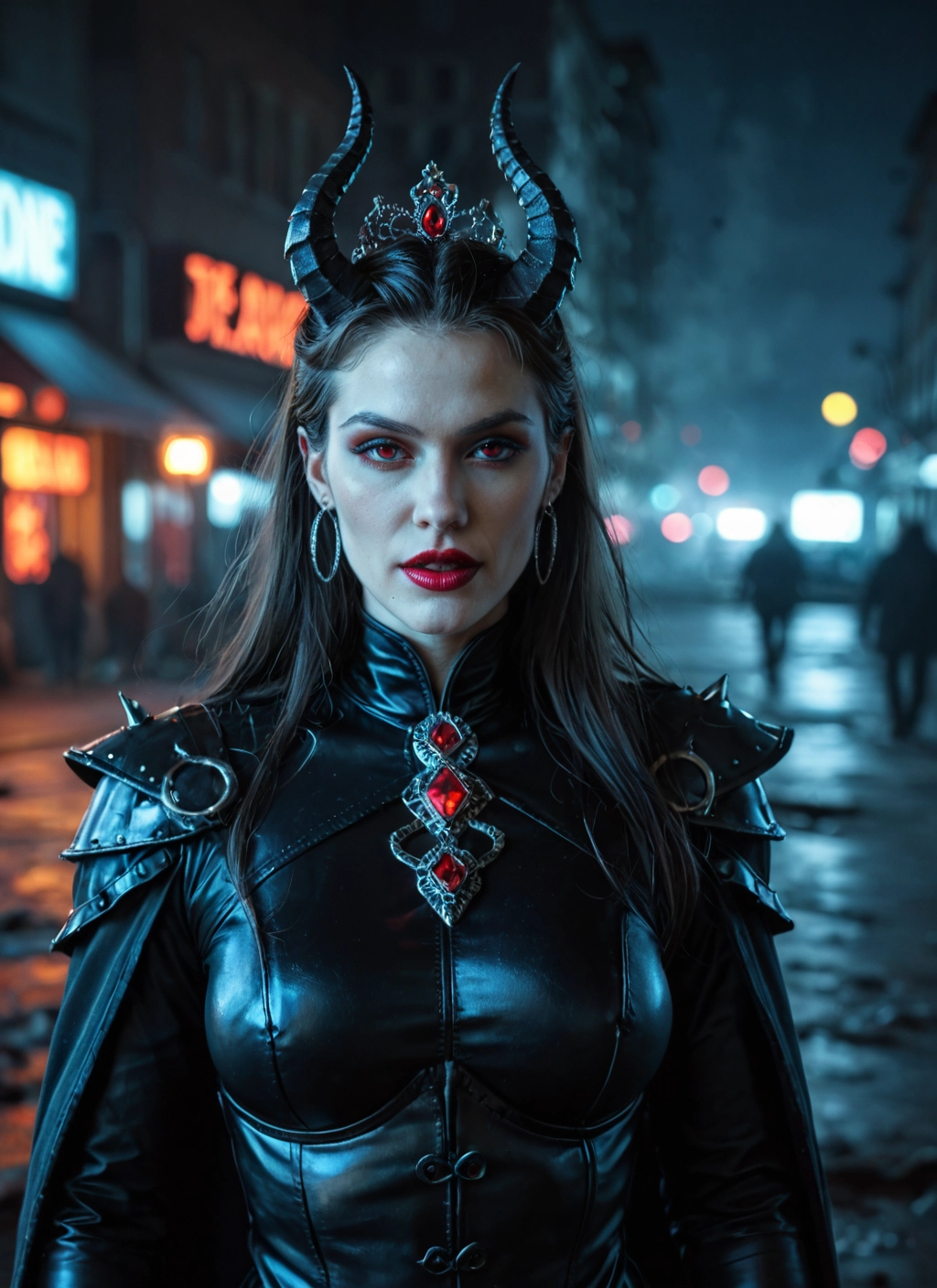 1girl, horns, jewelry, earrings, red eyes, long hair · Yamete.gg