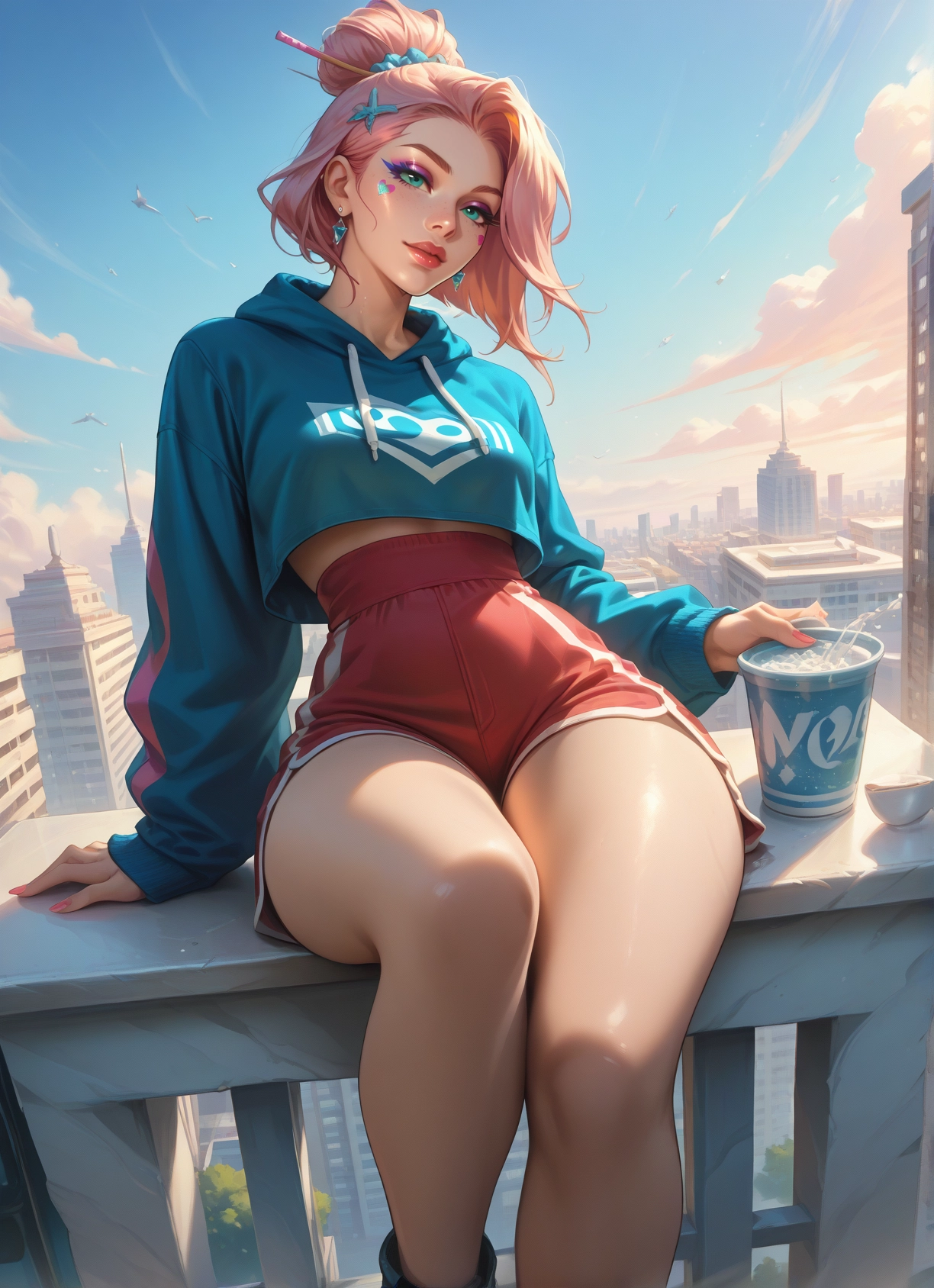 1girl, shorts, solo, hair ornament, hood, hoodie · Yamete.gg