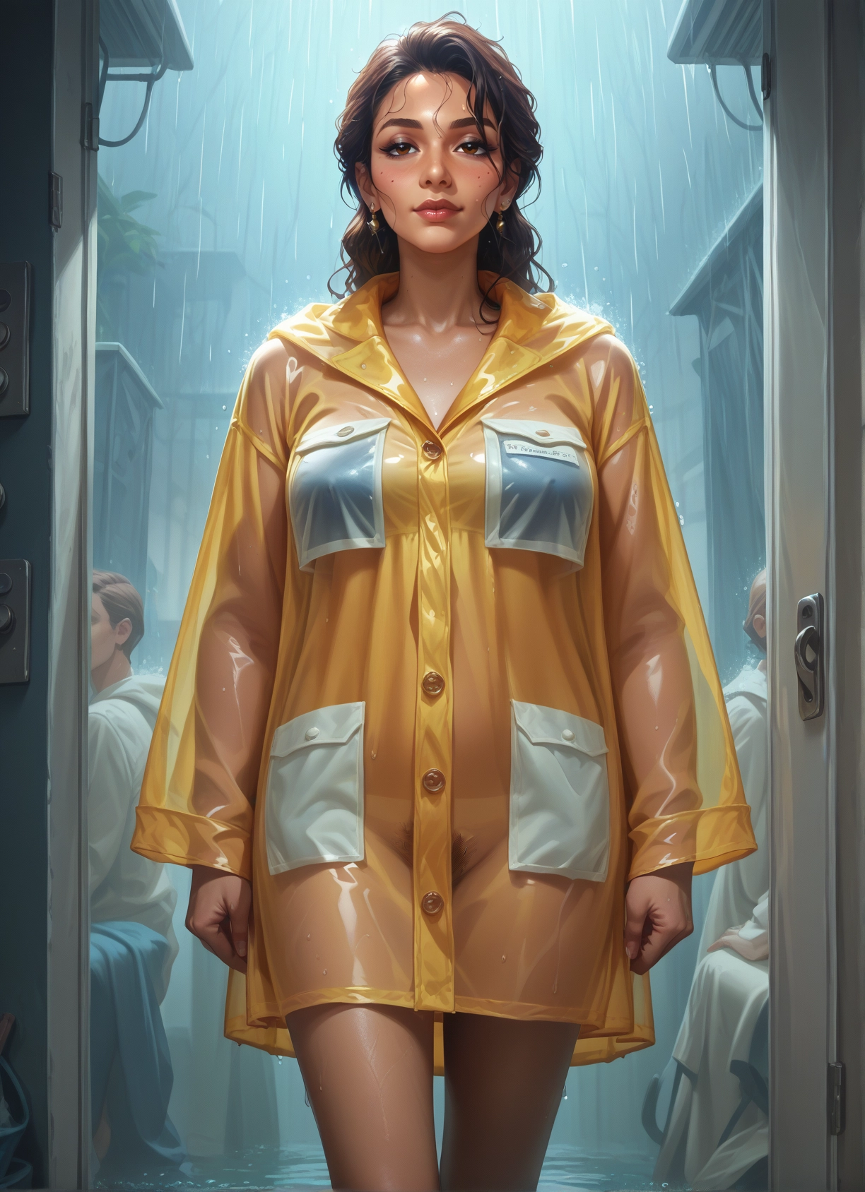 raincoat, rain, jewelry, earrings, 1girl, yellow raincoat · Yamete.gg