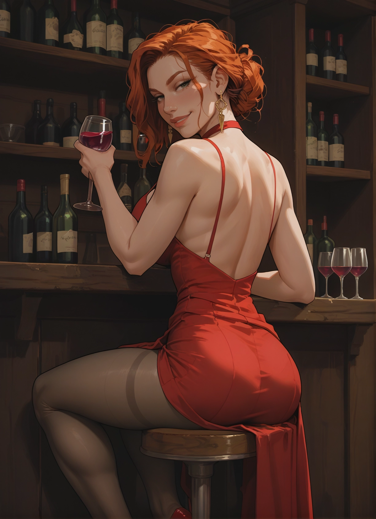 1girl, dress, pantyhose, jewelry, ass, cup · Yamete.gg