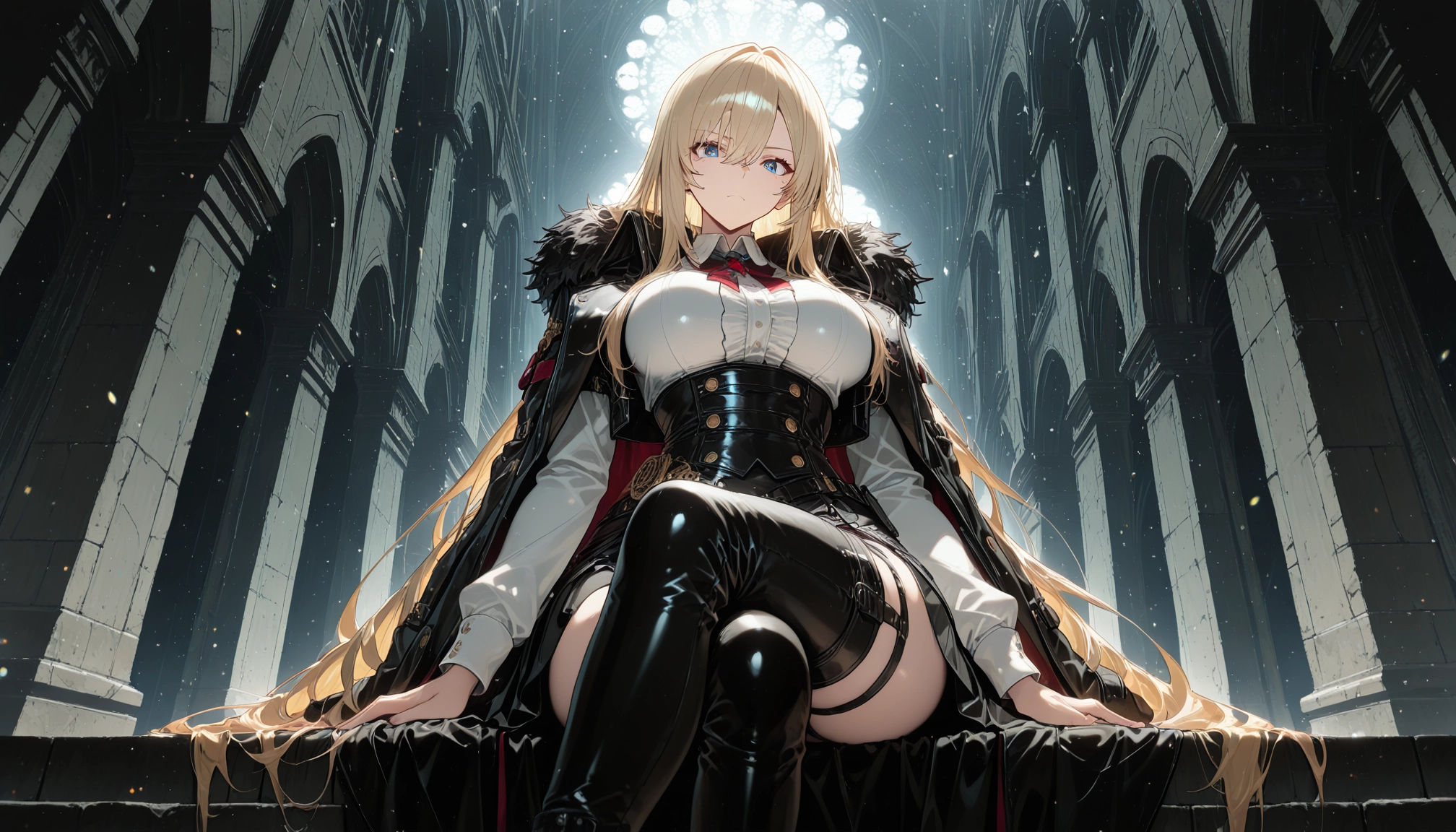 1girl, solo, long hair, blonde hair, breasts, sitting