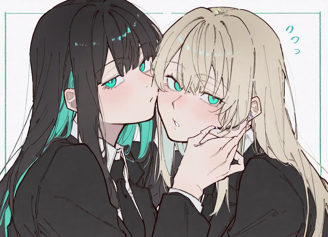 multiple girls, 2girls, necktie, black hair, long hair, blush