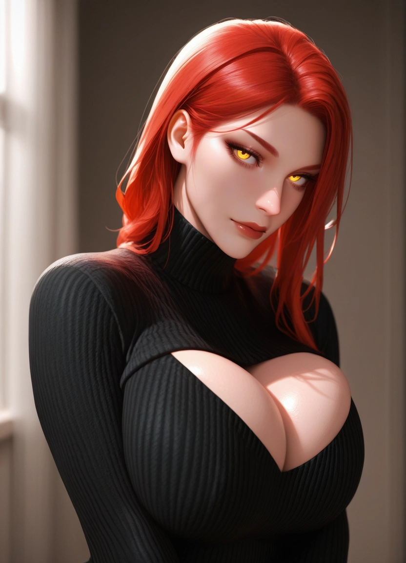 1girl, breasts, red hair, cleavage cutout, solo, yellow eyes · Yamete.gg