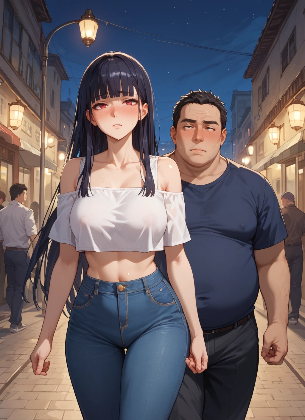 1girl, long hair, breasts, pants, blush, black hair · Yamete.gg