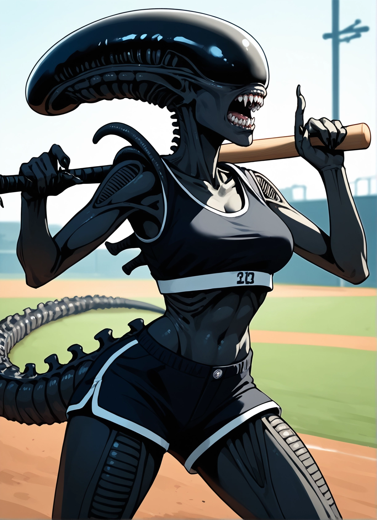 1girl, shorts, tail, baseball bat, teeth, breasts · Yamete.gg