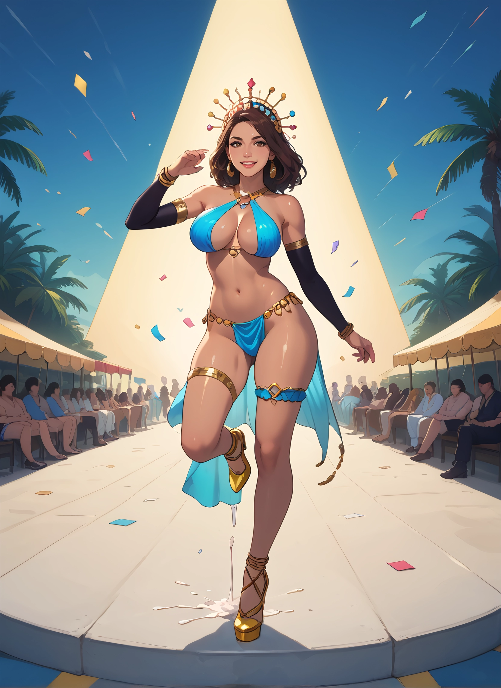 breasts, jewelry, navel, cum, earrings, 1girl · Yamete.gg