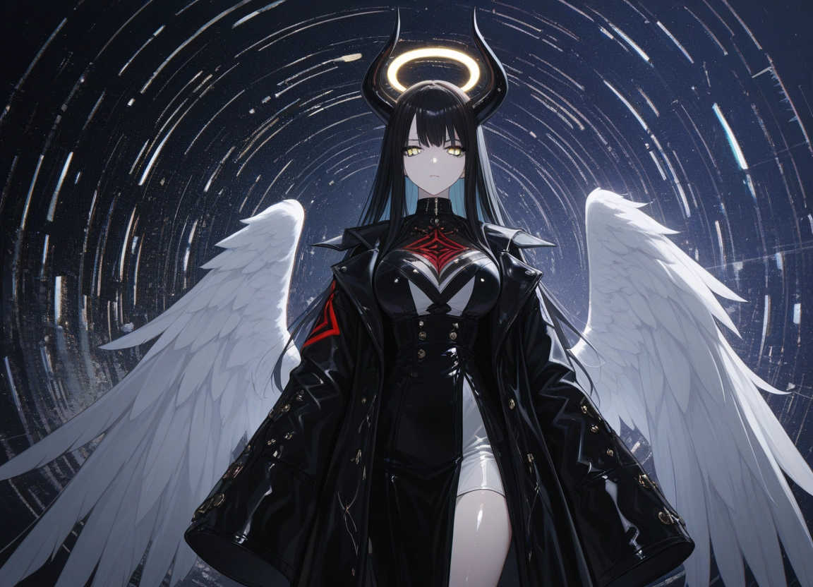 1girl, wings, solo, horns, black hair, halo · Yamete.gg