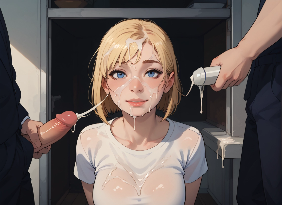 1girl, blonde hair, cum, penis, shirt, blue eyes · Yamete.gg