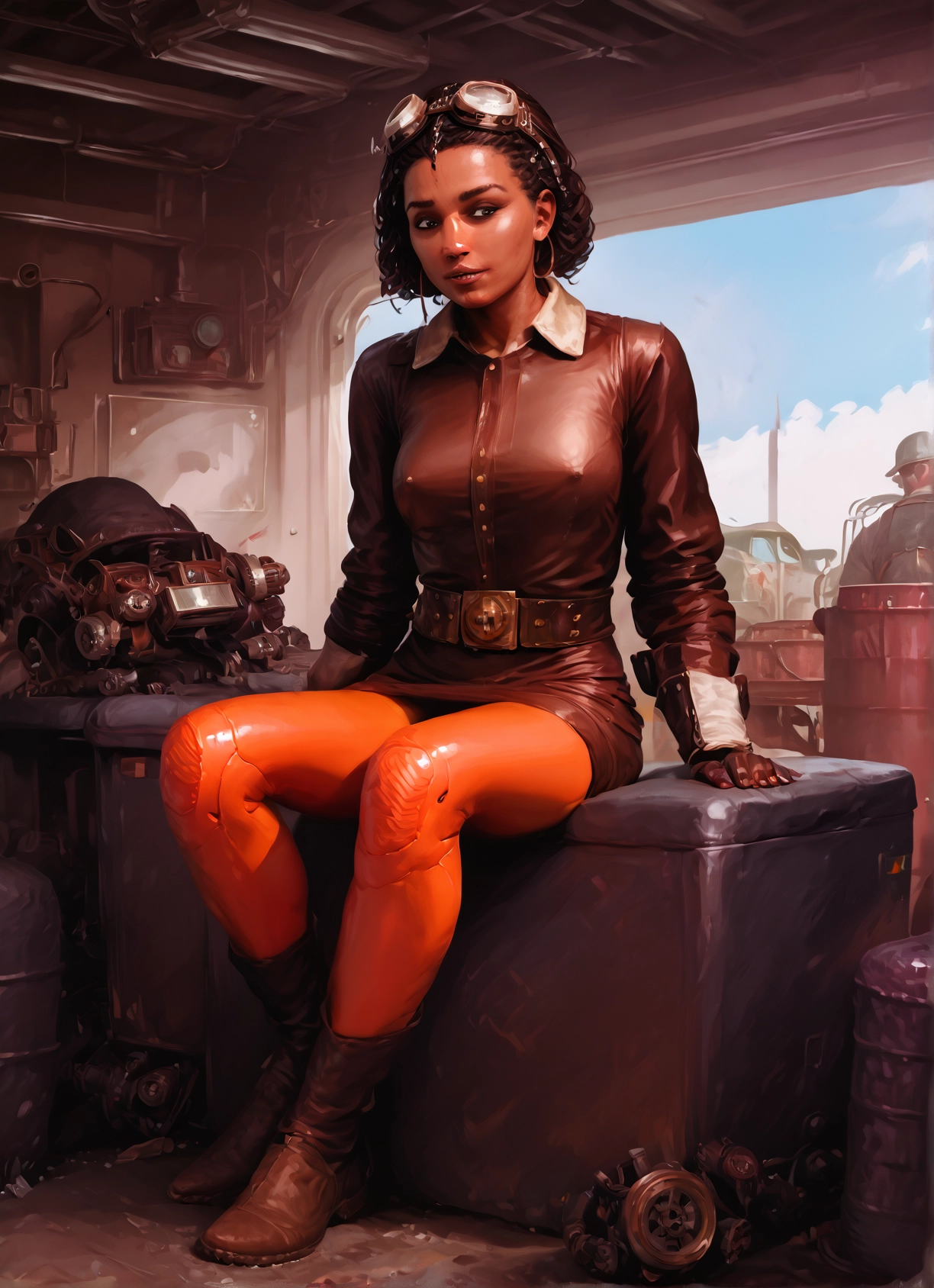 1girl, goggles, sitting, dark skin, breasts, goggles on head · Yamete.gg