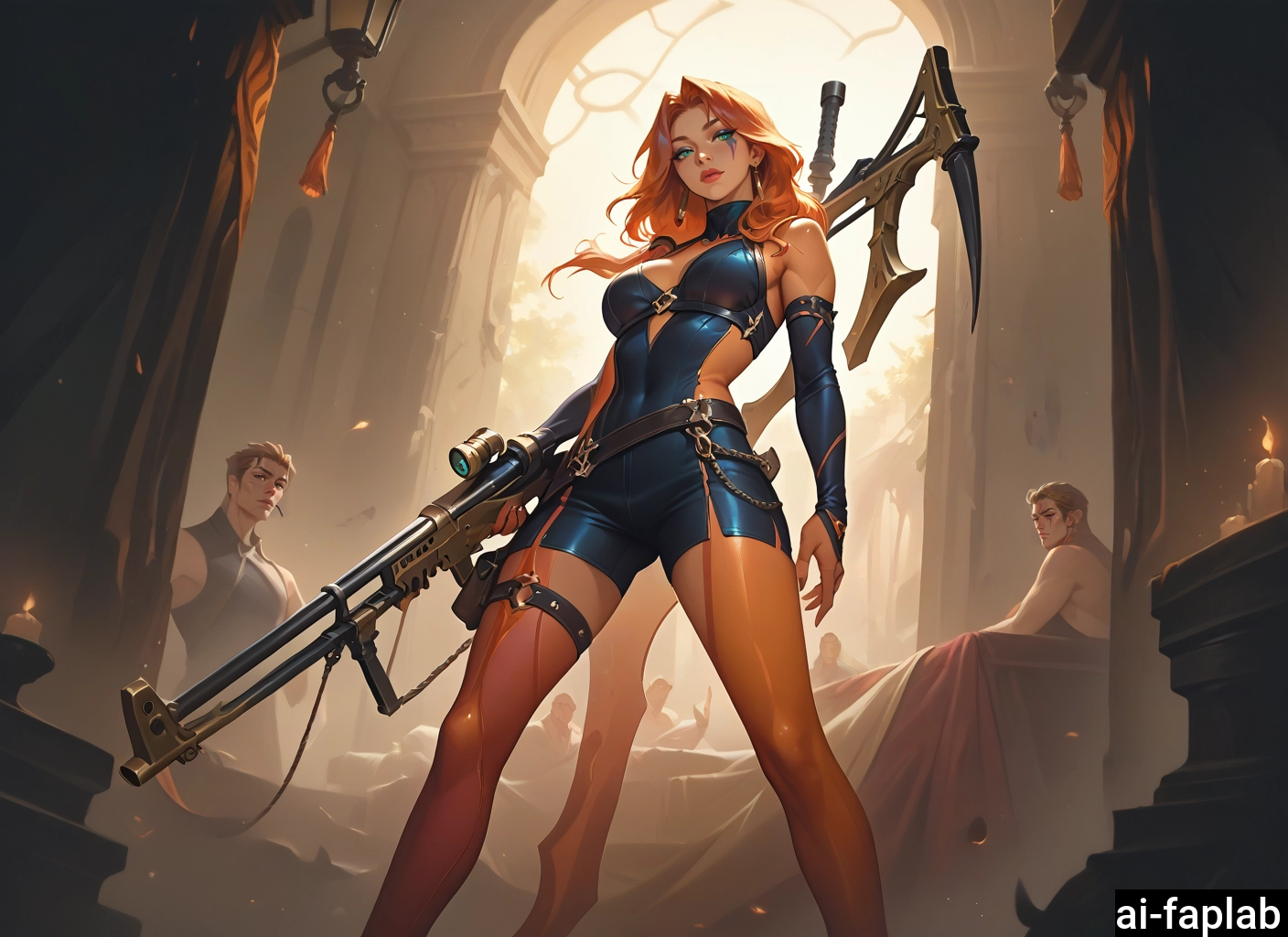 weapon, gun, breasts, 1girl, holding, long hair · Yamete.gg